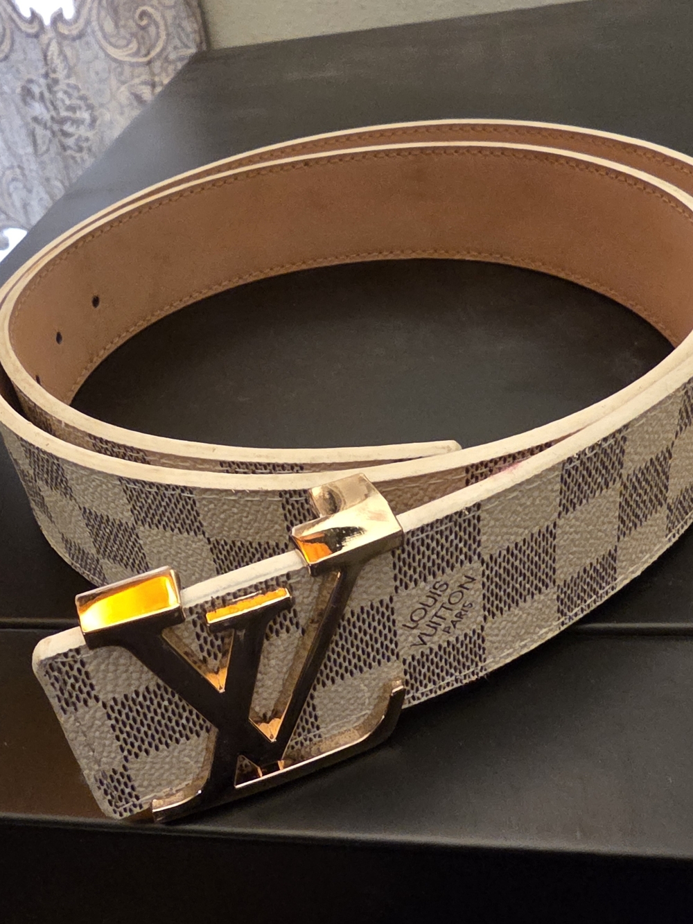Louis Vuitton Men's Damier Azur Belt with Gold LV Buckle - White/Tan